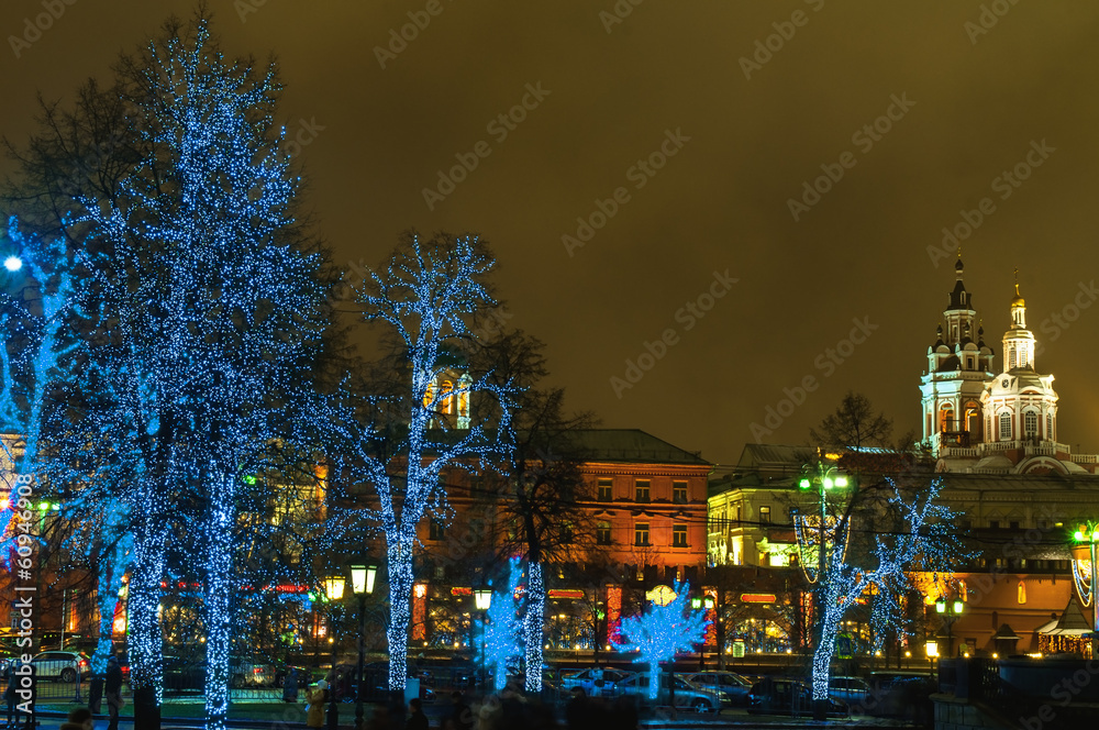 Moscow, illuminated trees in the street Moscow, illuminated trees in the street