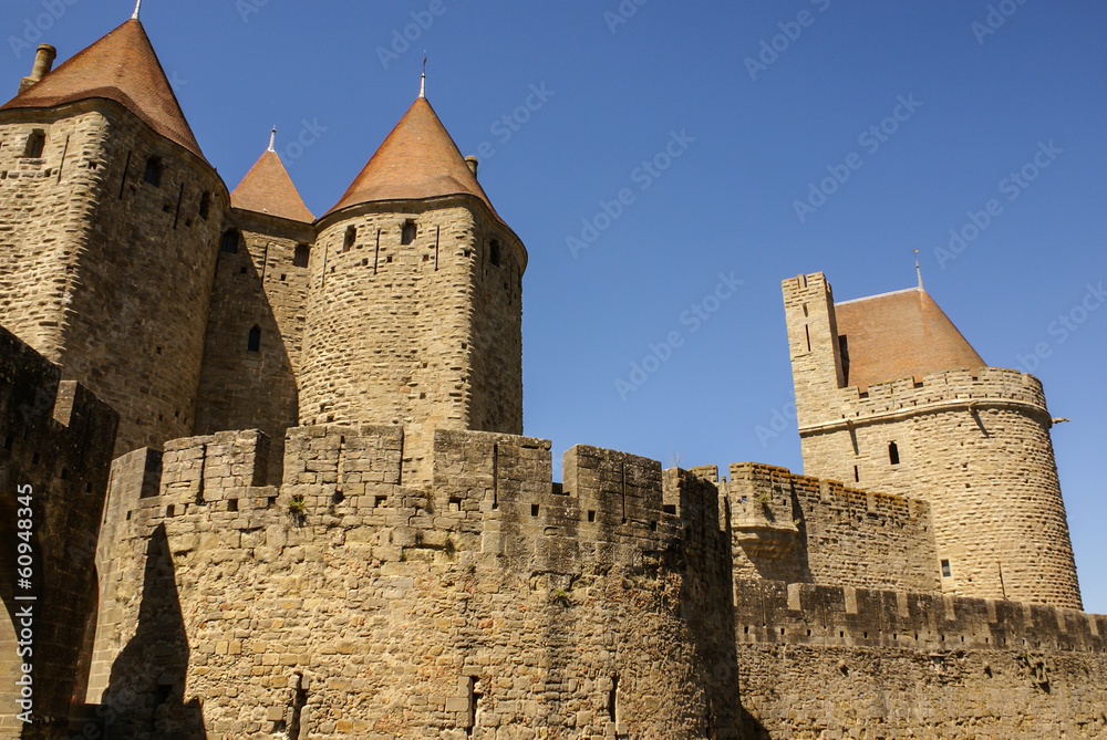Outside walls of Porte Narbonnaise at Carcassonne in France