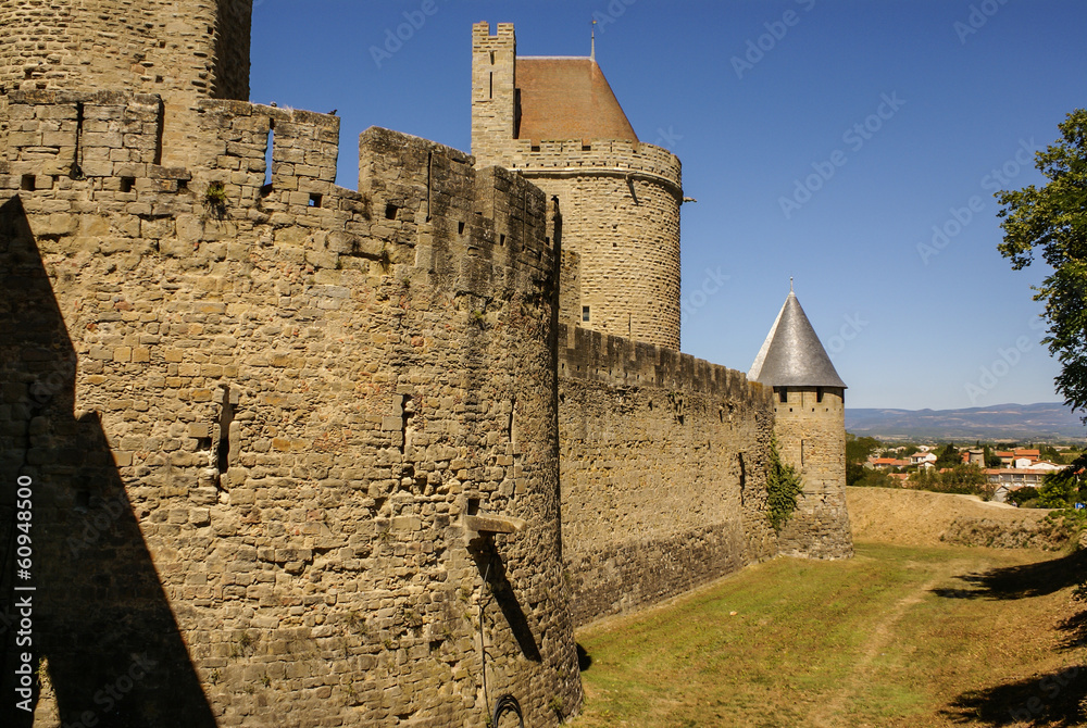 Outside walls of Porte Narbonnaise at Carcassonne in France