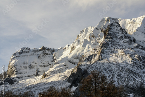 Snowy mountains and rocks at Gourette in the Pyrenees  France