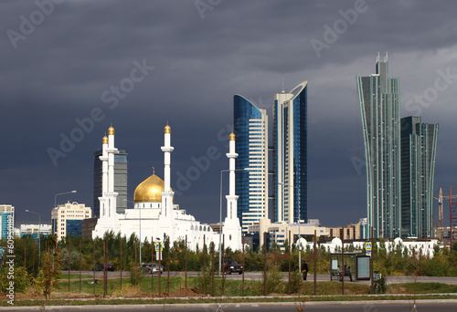 Mosque on a background of the cityscape of Astana