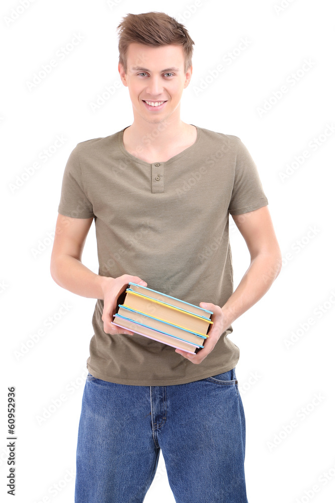 Handsome young man with books, isolated on white