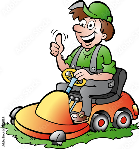 illustration of an happy Gardener riding his lawnmower