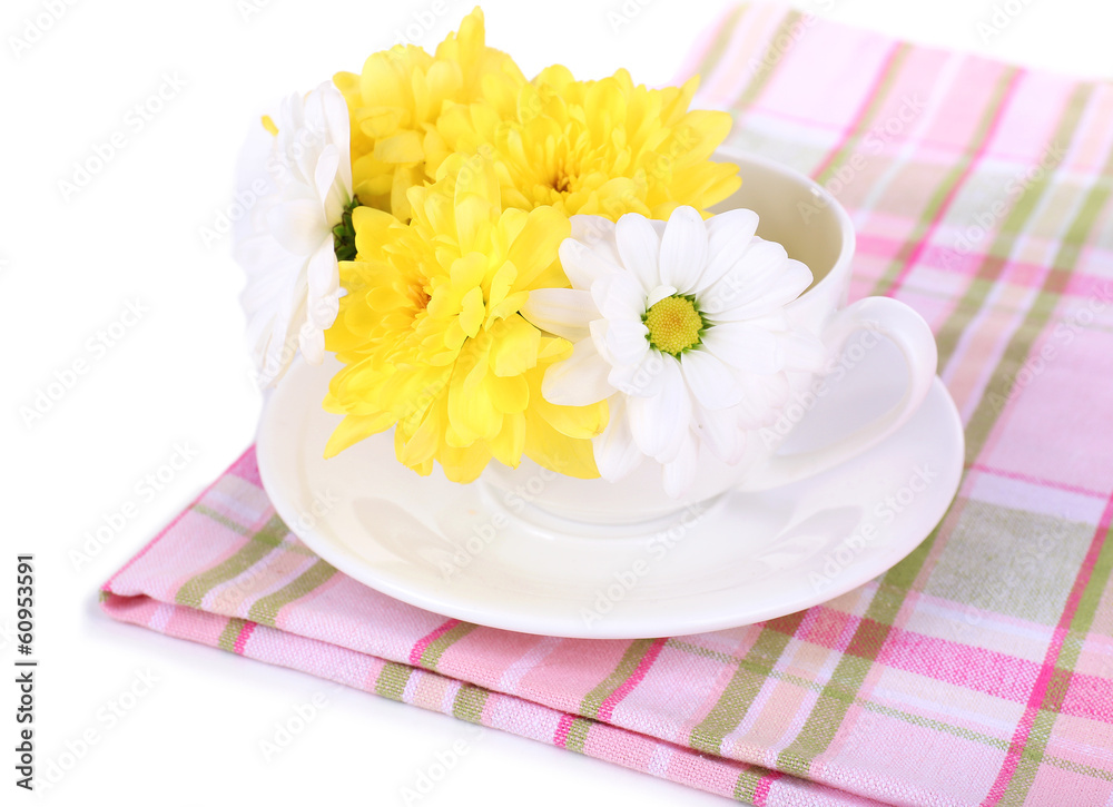 Beautiful chrysanthemum flowers in cup isolated on white Beautiful chrysanthemum flowers in cup isolated on white