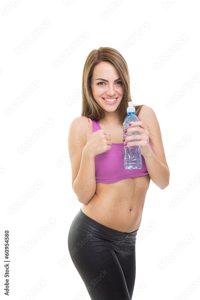 Attractive positive fitness woman holding water bottle Attractive positive fitness woman holding water bottle