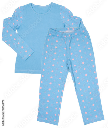 Blue cotton childrens girls pajama set isolated photo