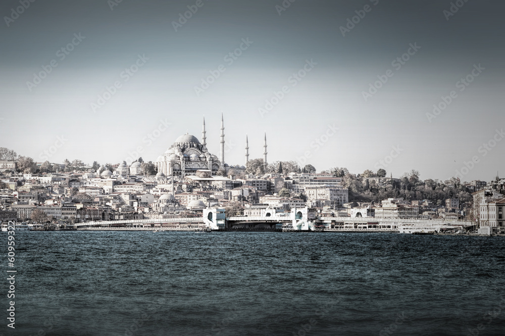 Galata bridge from the Bosphorus in desaturated style