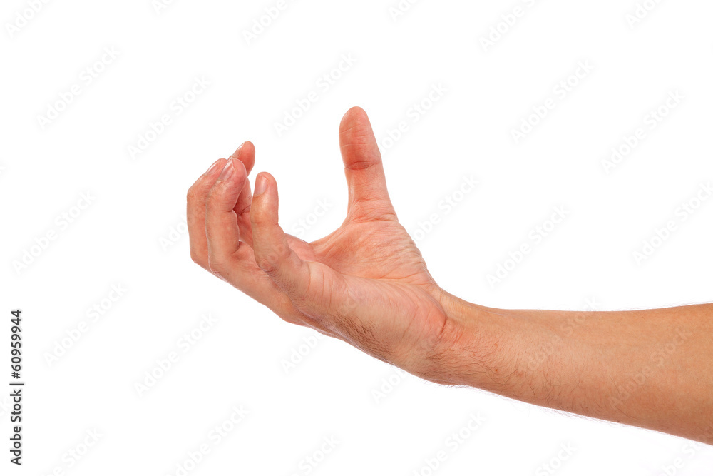 Male hand reaching for something on white Male hand reaching for something on white