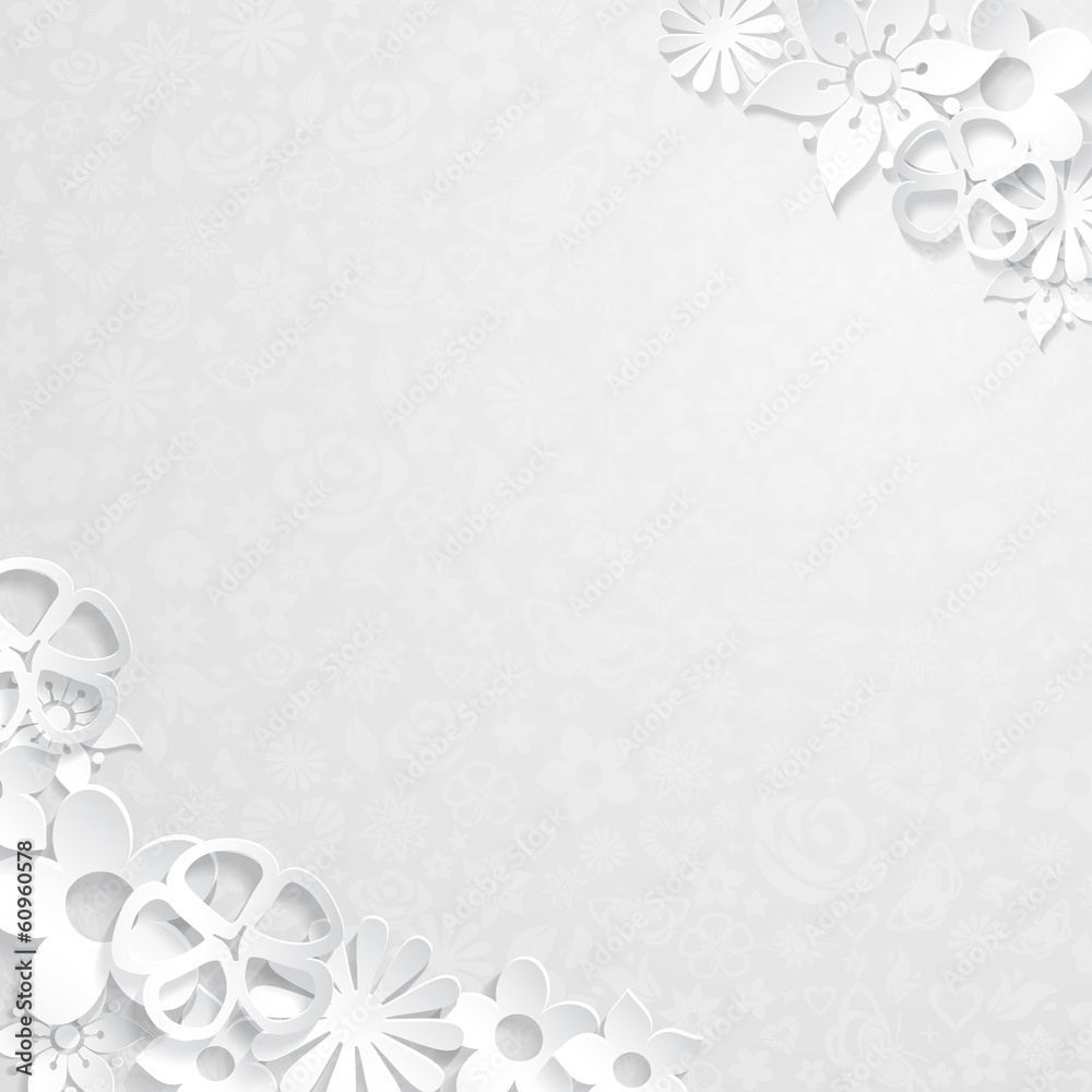 Background with paper flowers, white on gray Background with paper flowers, white on gray