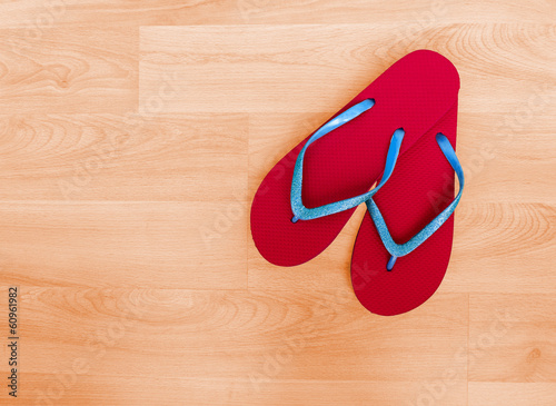 Beach shoes, flip flops - red and blue glitter, holiday backgrou