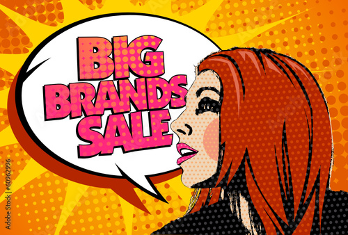 Big brands sale design with speaking girl in pop-art style