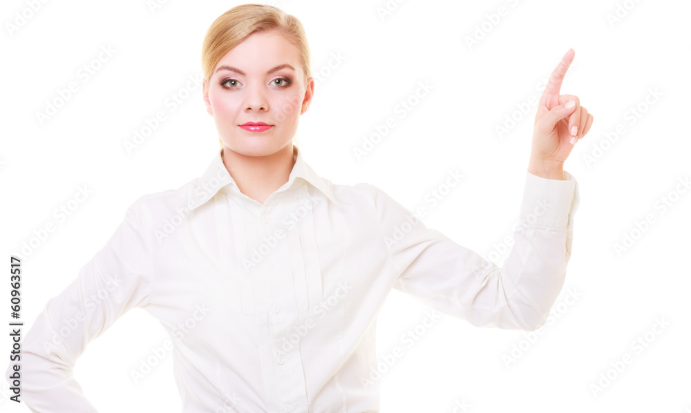 Business woman pressing button or pointing isolated Business woman pressing button or pointing isolated