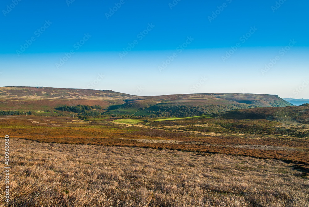View of the hills and heather fields in Peak District