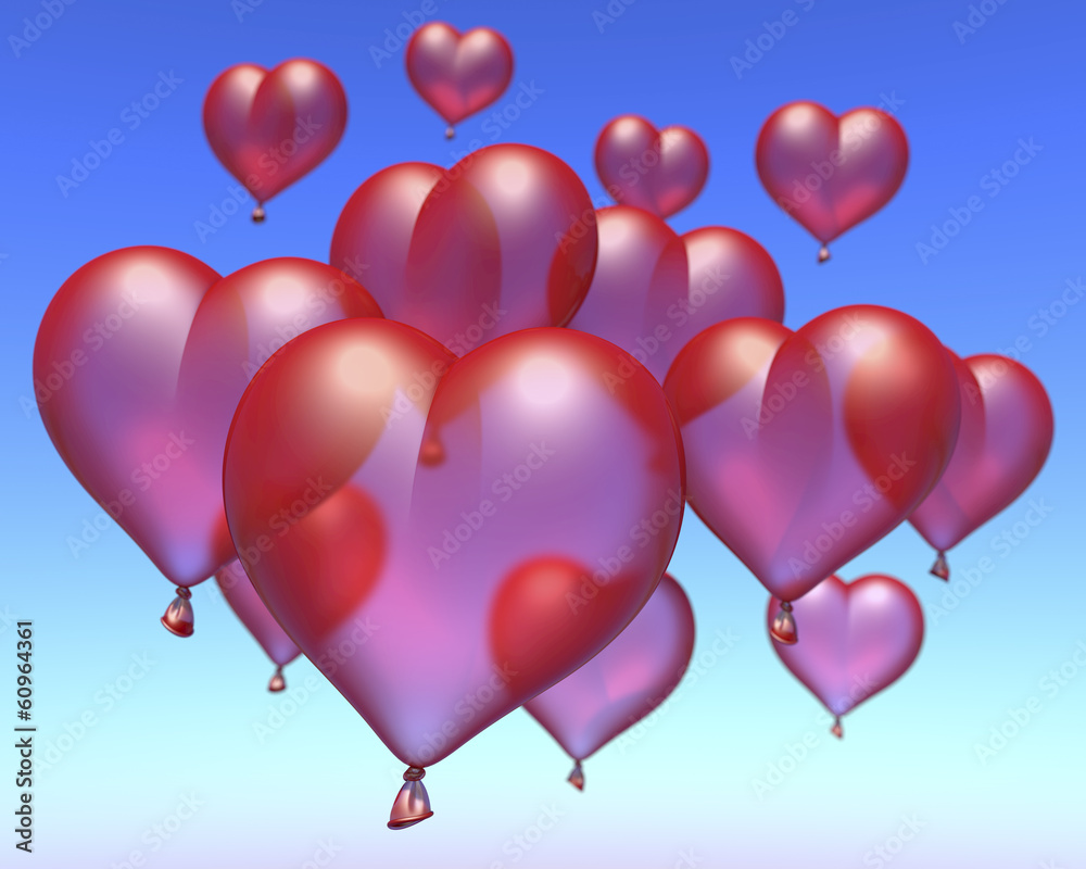 Rote Luftballons in Herzform unter blauem Himmel