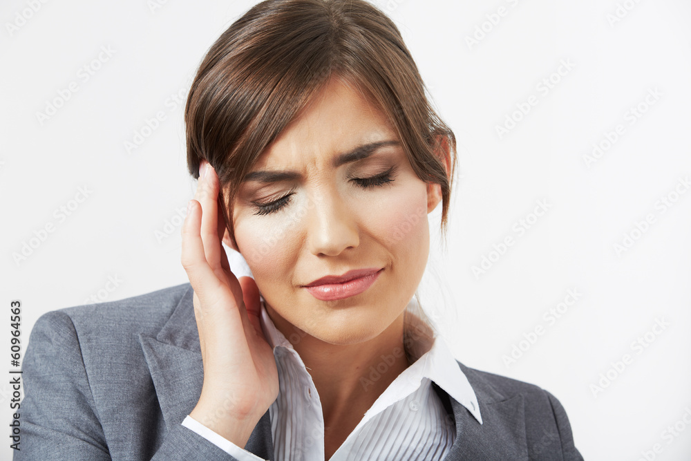 Close up Portrait of business woman with headache Close up Portrait of business woman with headache