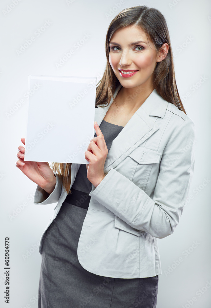 Business woman hold banner, white background isolated portrait. Business woman hold banner, white background isolated portrait.