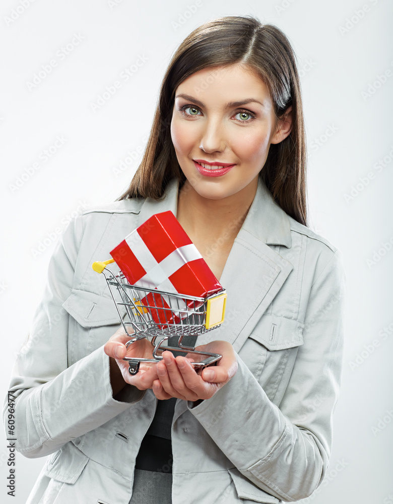 Business woman. Selling concept. White background Business woman. Selling concept. White background