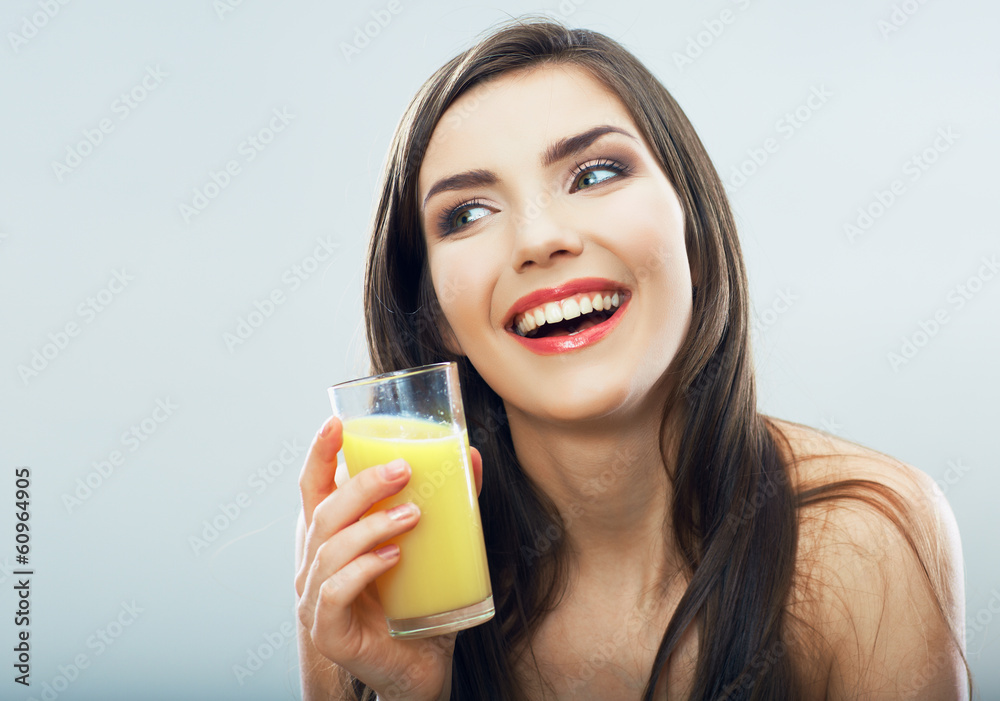 Female model hold orange juice glass isolated . Female model hold orange juice glass isolated .
