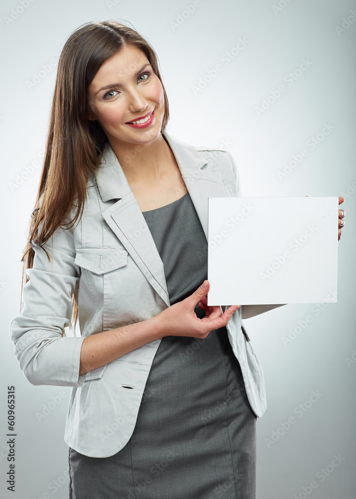 Smile Business woman portrait with blank white banner, board on Smile Business woman portrait with blank white banner, board on