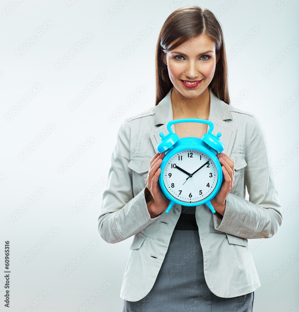 Business woman hold watch. Time concept. Smiling girl portrait, Business woman hold watch. Time concept. Smiling girl portrait,