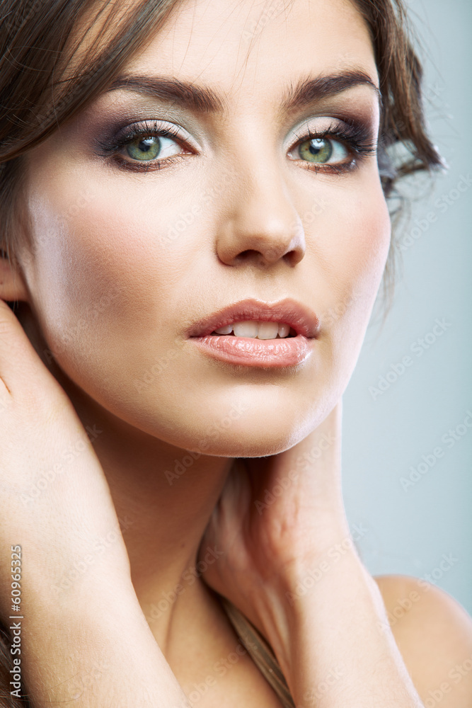 Woman face close up beauty portrait. Female model isolated. Woman face close up beauty portrait. Female model isolated.