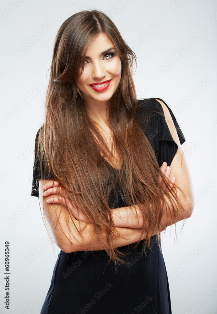 Woman fashion beauty portrait. Evening black dress.