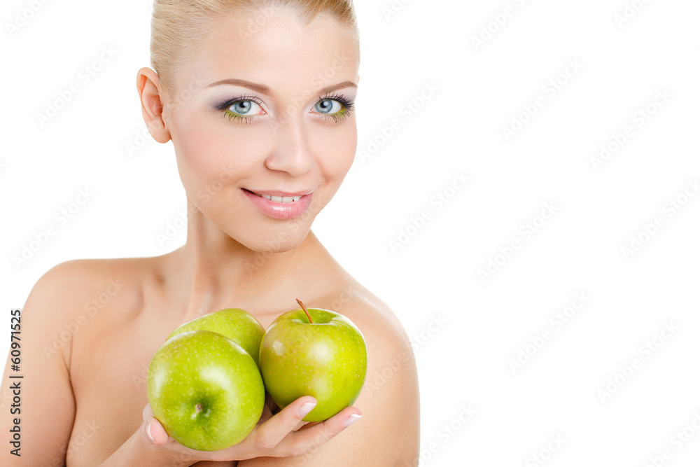 Bright spring portrait of happy healthy woman holding apple Bright spring portrait of happy healthy woman holding apple