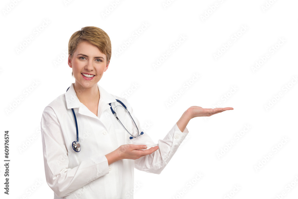 Female doctor presenting medical product. Female doctor presenting medical product.