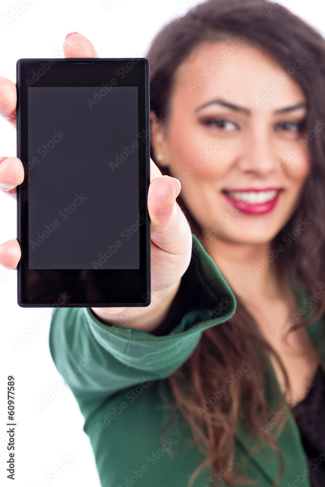Beautiful young woman showing her smart  phone screen