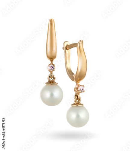 Beautiful Gold Earrings with Diamonds and Pearls / Isolated