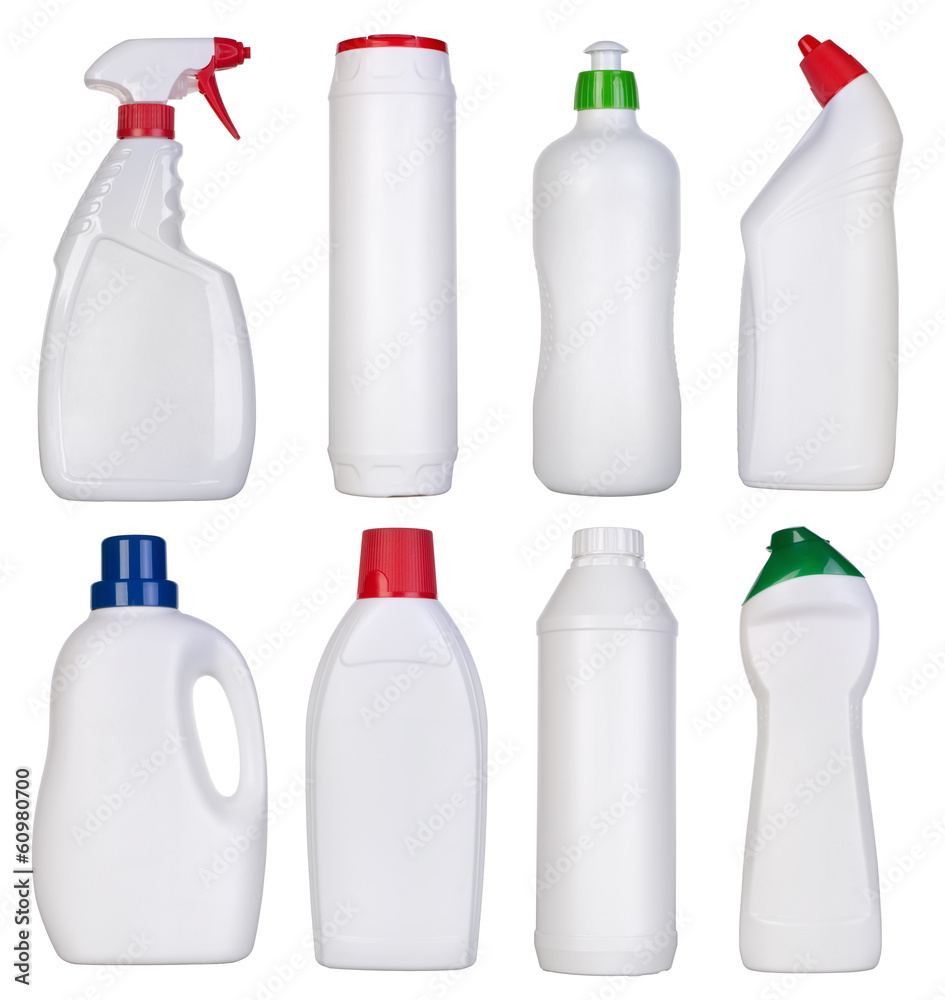 Blank bottles of cleaning supplies isolated on white Blank bottles of cleaning supplies isolated on white