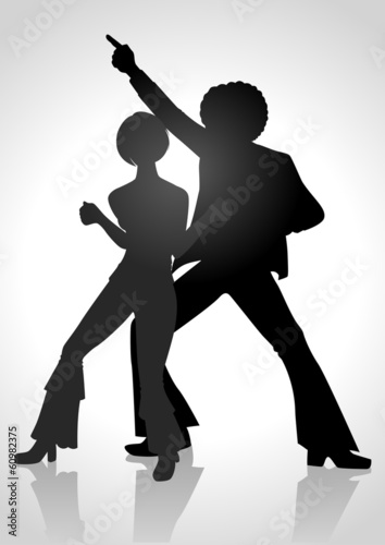 Silhouette of a couple dancing in the 70s fashion style