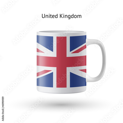 United Kingdom flag souvenir mug on white background.