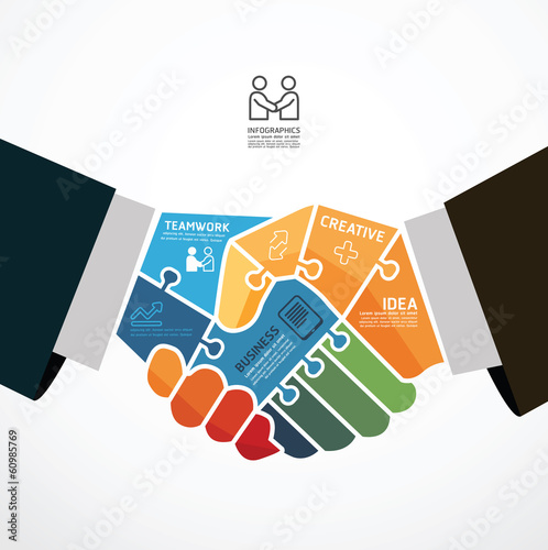 infographic Template with businessman handshake jigsaw banner .