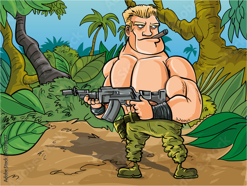Cartoon muscled soldier in the jungle