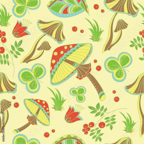 Pattern with mashrooms and berries. Vector art