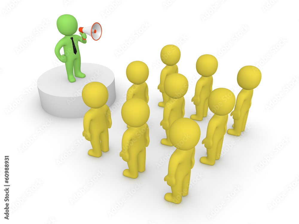 3d man with loudspeaker talking to crowd 3d man with loudspeaker talking to crowd