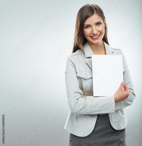 Smile Business woman portrait with blank white banner, board on