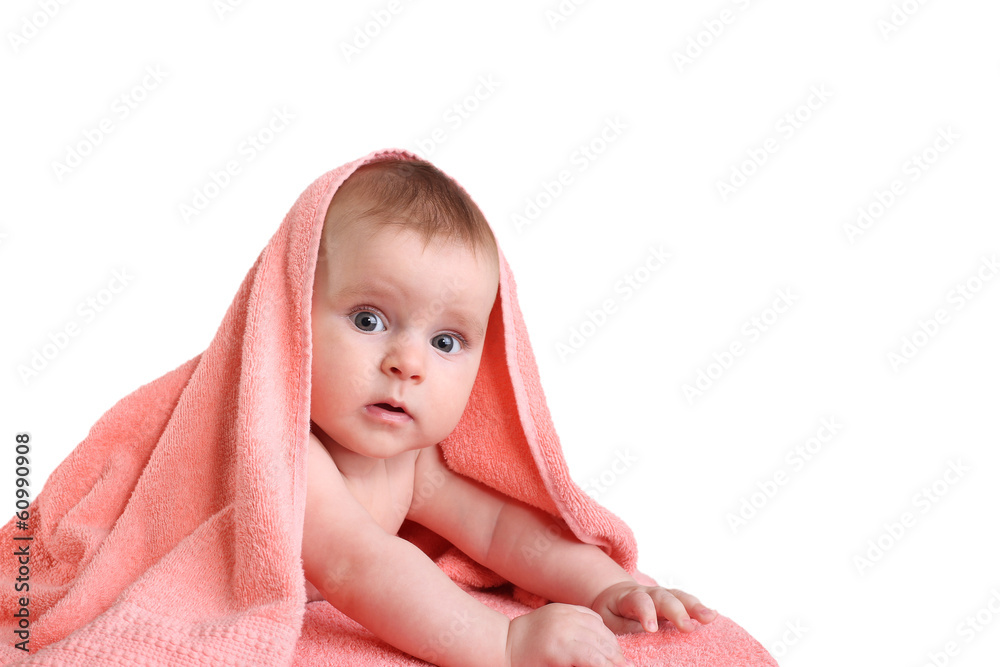 Sweet baby.  Child in a towel. Infant after bath.