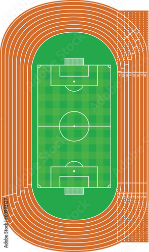 Top view of running track and soccer field on white