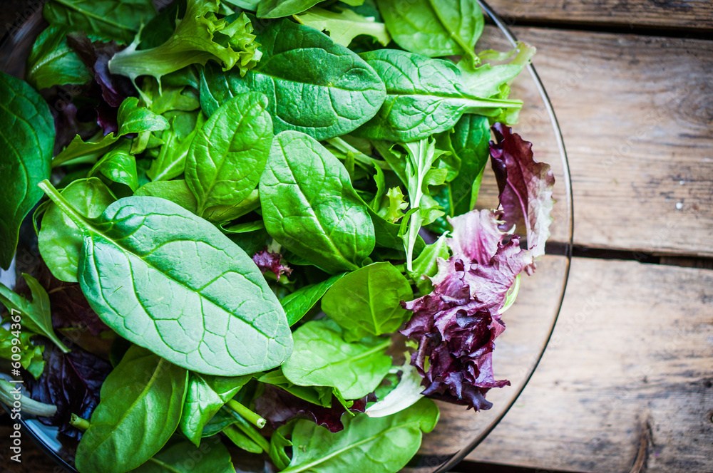 Freshh green salad with spinach,arugula,romane and lettuce - obrazy, fototapety, plakaty 
