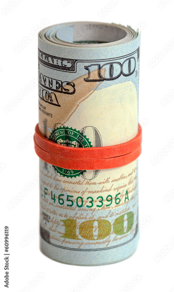 Roll of US dollar wrapped by rubber isolated on white background Roll of US dollar wrapped by rubber isolated on white background
