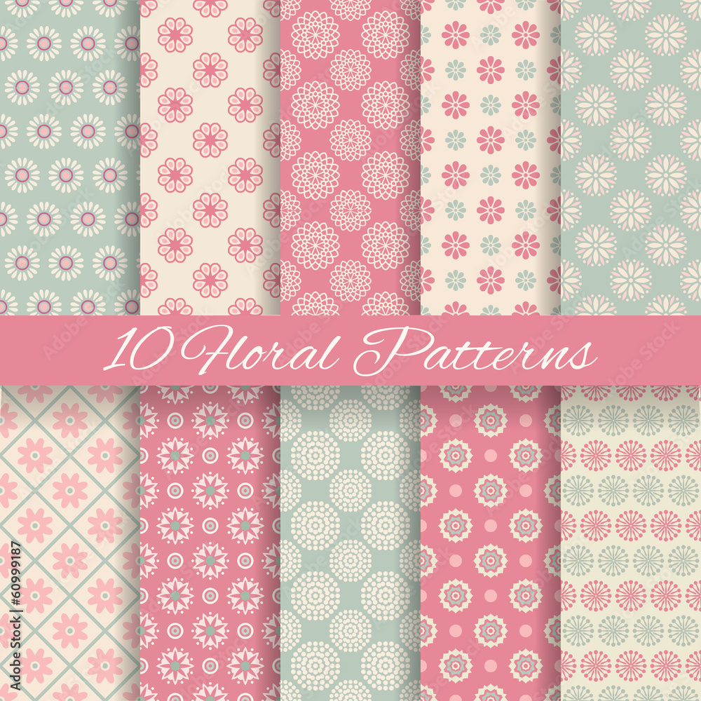 Floral different vector seamless patterns (tiling). - obrazy, fototapety, plakaty 
