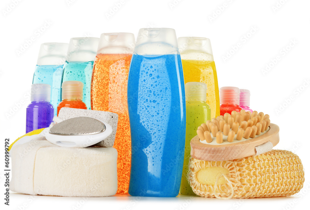 Plastic bottles of body care and beauty products Plastic bottles of body care and beauty products