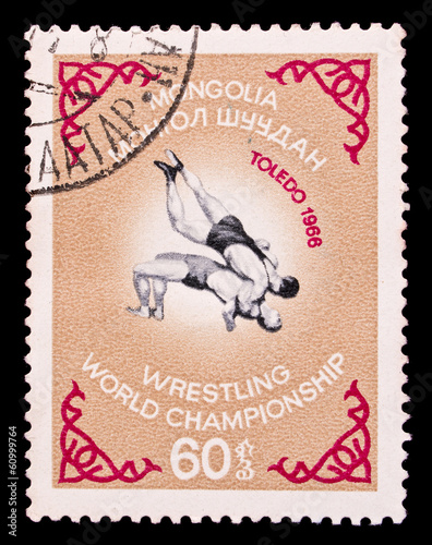 Wallpaper Mural Mongolian stamp, wrestling world championship in USA Torontodigital.ca