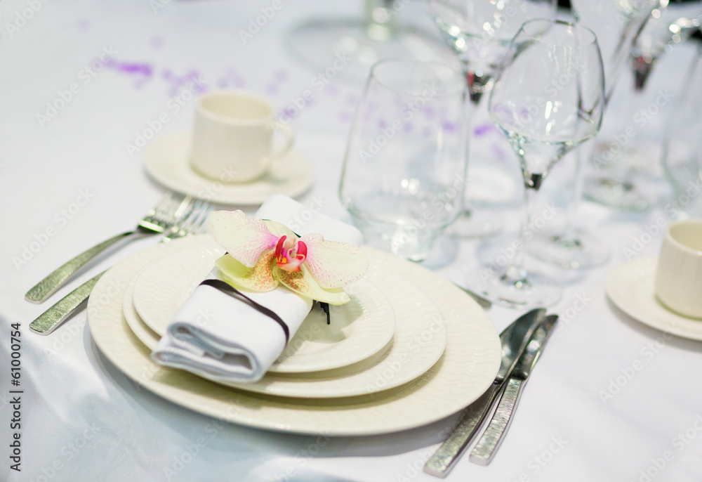 Table set for an event party or wedding reception Table set for an event party or wedding reception
