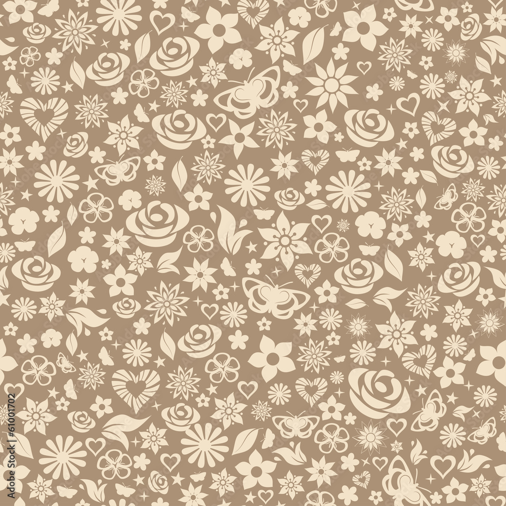 Seamless pattern of flowers, beige on brown Seamless pattern of flowers, beige on brown
