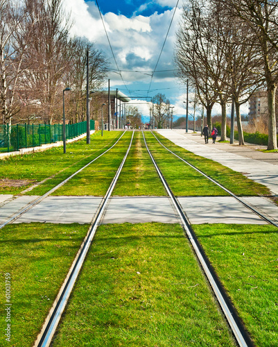 Tram rails on a green lawn