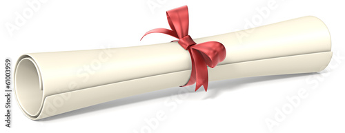 Diploma.Classic diploma roll with red ribbon knot. photo