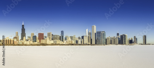 Chicago downtown panorama in winter scenery with frozen lake